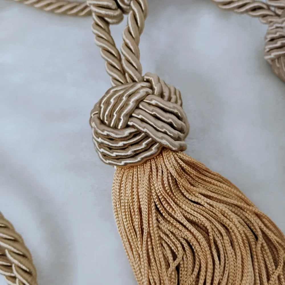 Gold Brown Rope Tassel Twisted Cord Knot Fringe Tie Curtain Tie Back Set of 2